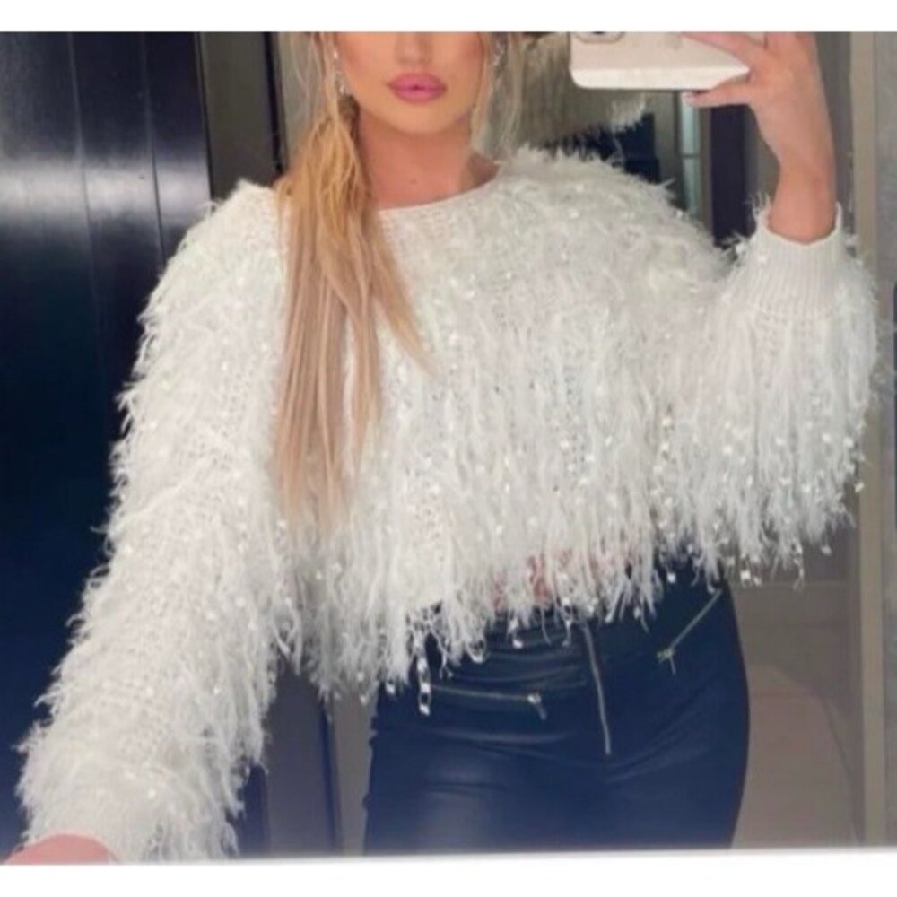 Altered State Ivory White Fuzzy Sweater XS Women's Pullover Cropped NEW